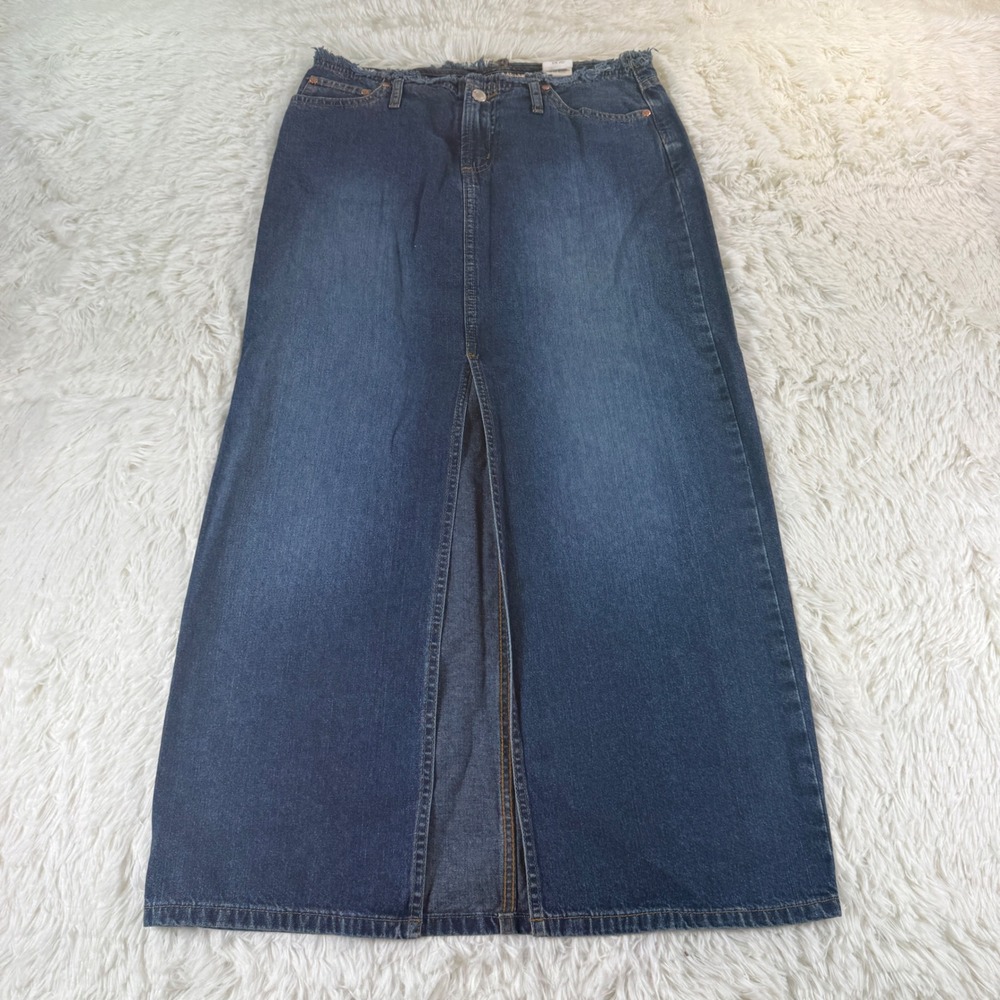 Vintage Paris Blues Denim‎ Maxi Skirt Blue Jean Frayed Hem Slit Size 7 Y2K Retro